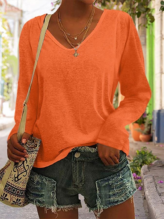 Solid Color Long-Sleeved Colorful Cotton T-Shirt
