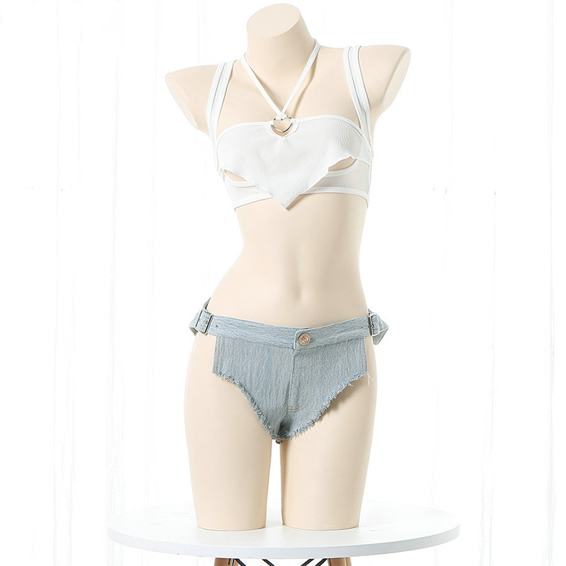 Lace Up Tank Top Denim Shorts Lingerie Set