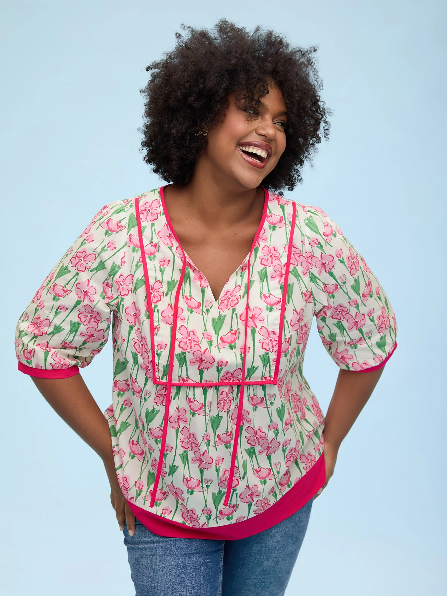 Blushing Floral Print Seamed Contrast Blouse