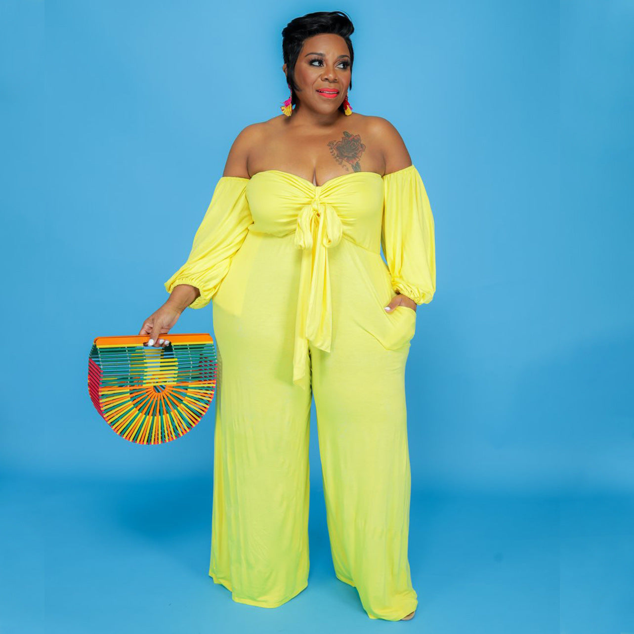 Plus Size Sexy Tube Top Solid Color Jumpsuit Wide Leg Pants