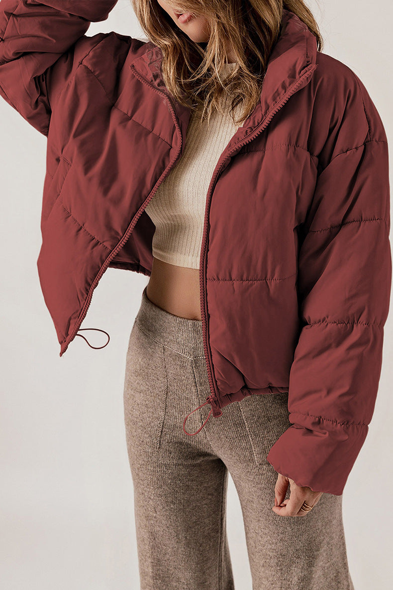 Casual All Matching Solid Color Warm Keeping Cotton Padded Coat Women Winter Stand Collar Thick Zipper Jacket Women