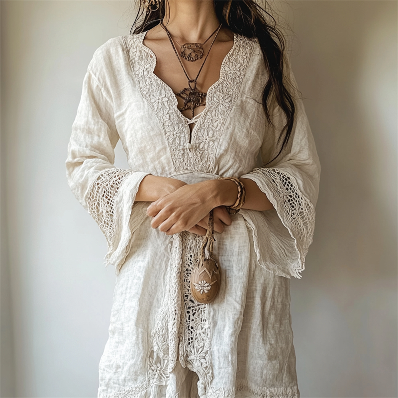 Vintage Floral Lace Hem V Neck Linen Blend Dress