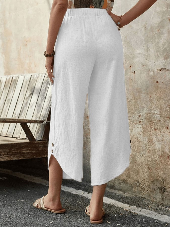 Casual Elegant Cotton And Linen Lace-Up With Pockets Irregular Cropped Pants