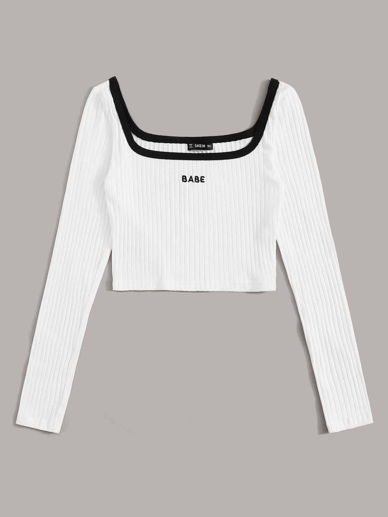 SHEIN Contrast Trim Embroidered Letter Rib-knit Top