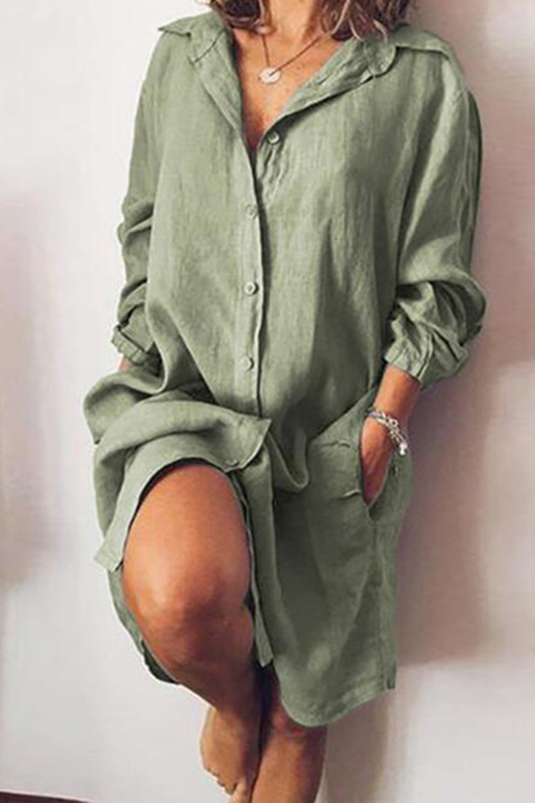 Solid Color Cotton And Linen Midi Dress