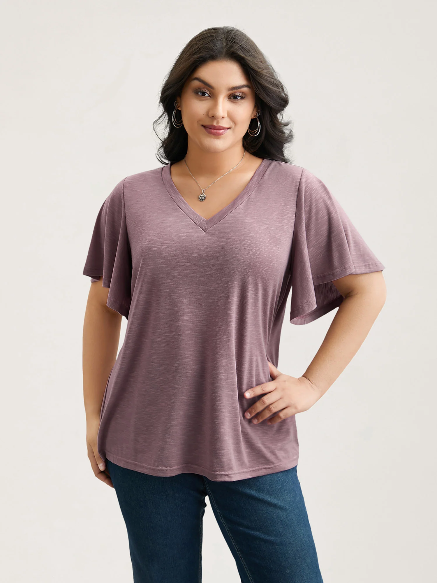 V-Neck Stretchy Flared Sleeve T-Shirt