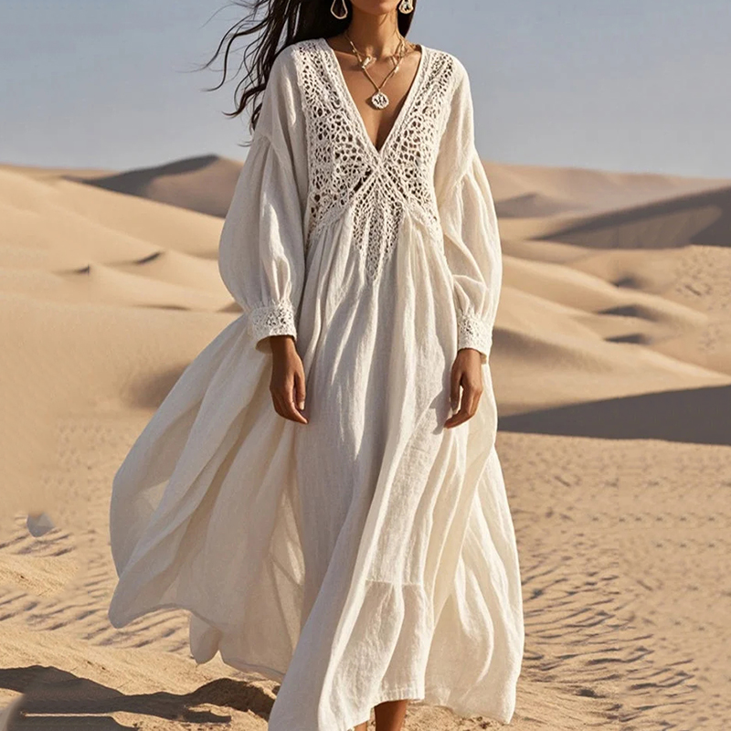 Women's Loose White Lace Patchwork Cotton Holiday Hollow Out Spring Dress