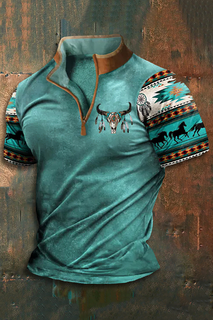 Men'S Stand Collar Zip Tribal Print Short SleeveT Shirt