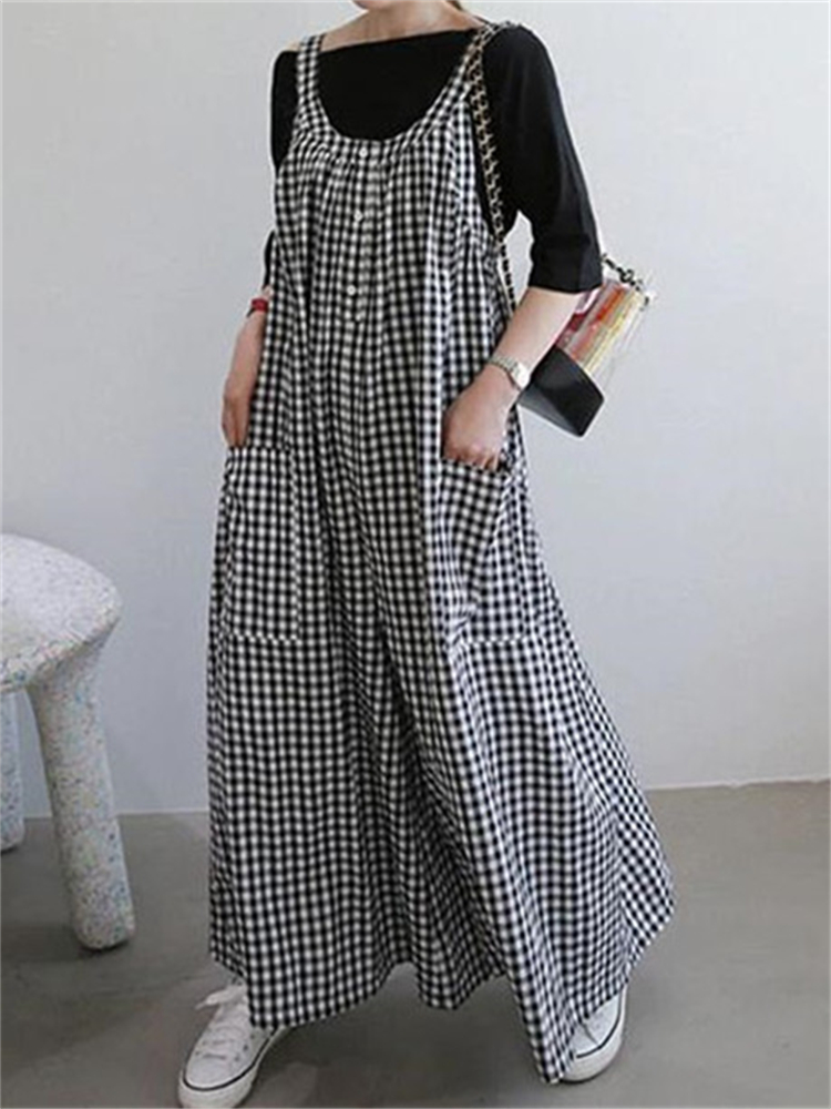 Check Patch Pocket A Line Wide Leg Jumpsuit