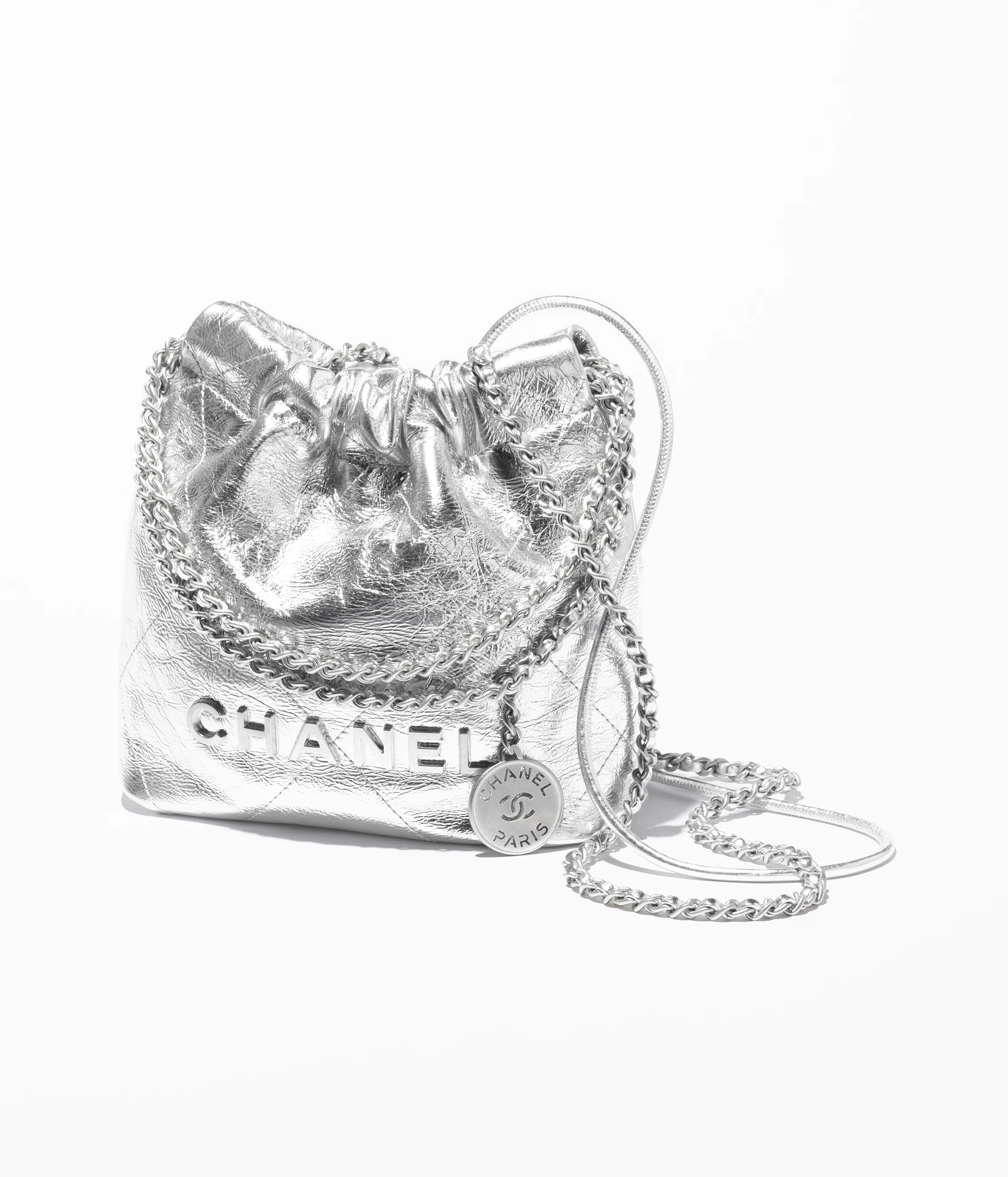 CHANEL 22 Mini Handbag Metallic Calfskin & Silver-Tone Metal Silver AS3980-B18804-NABJY