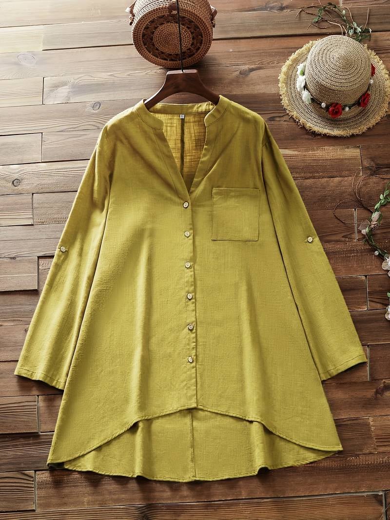 Woven Solid Color Loose Pocket Casual V-Neck Top