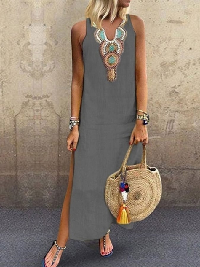 Ladies Cotton Linen V-Neck Sleeveless Dress