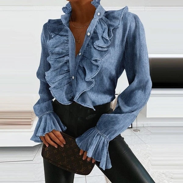 New ruffled flared sleeve pleated long sleeved shirt
