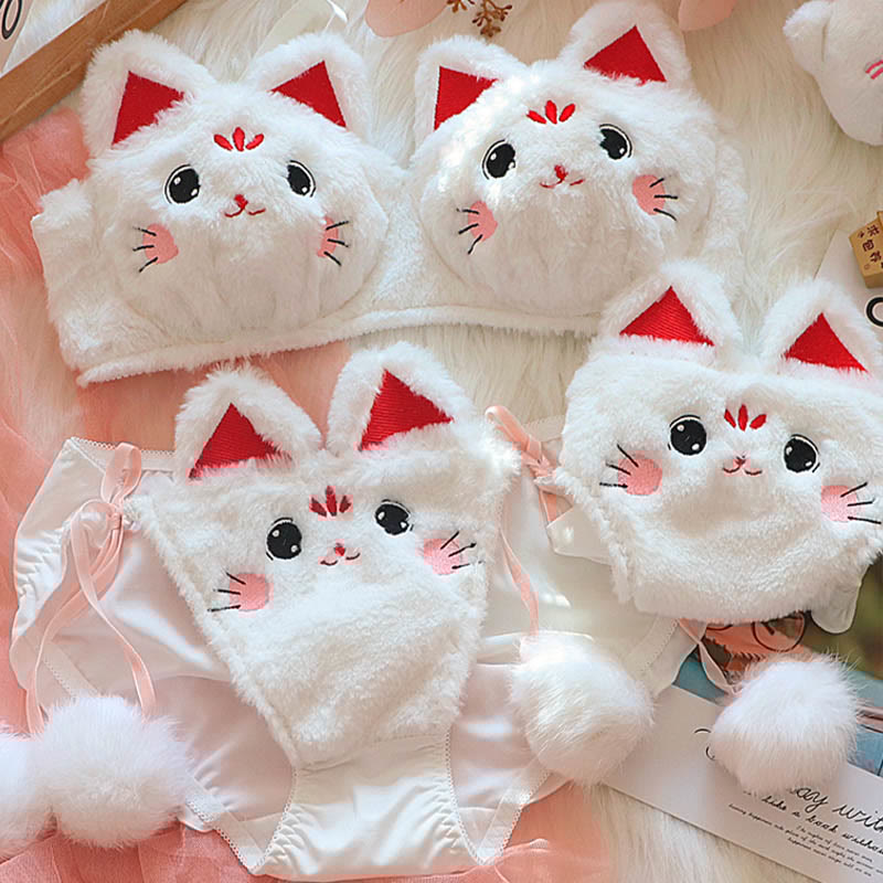 Kawaii Kitty Ear Embroidery Plush Lingerie Set