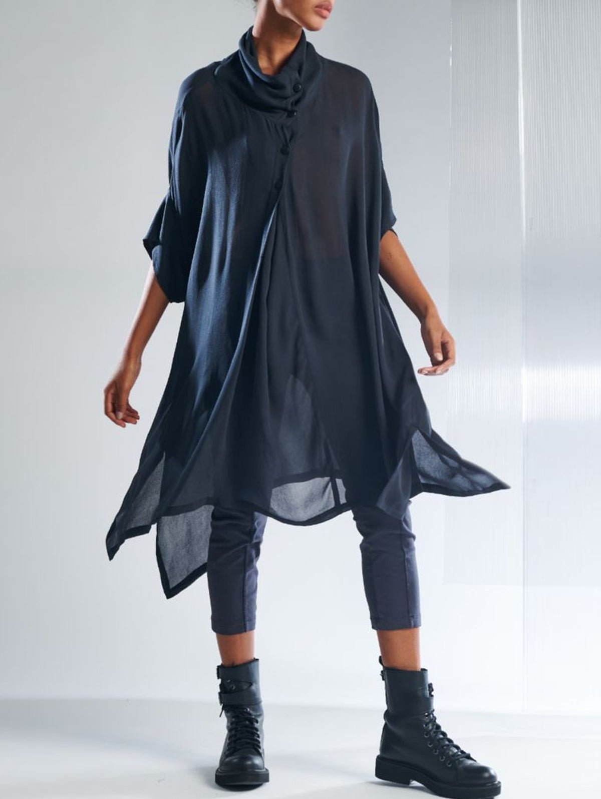 Loose Solid Pile Neck Asymmetric Hem Shirt
