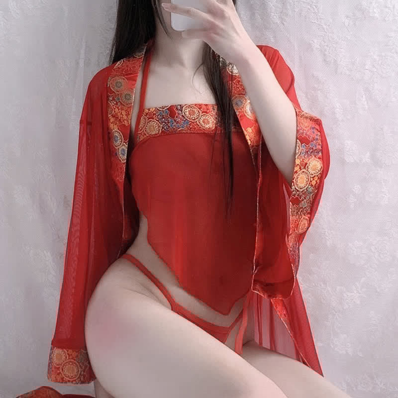 Vintage Han Costume Print See Through Lingerie Set