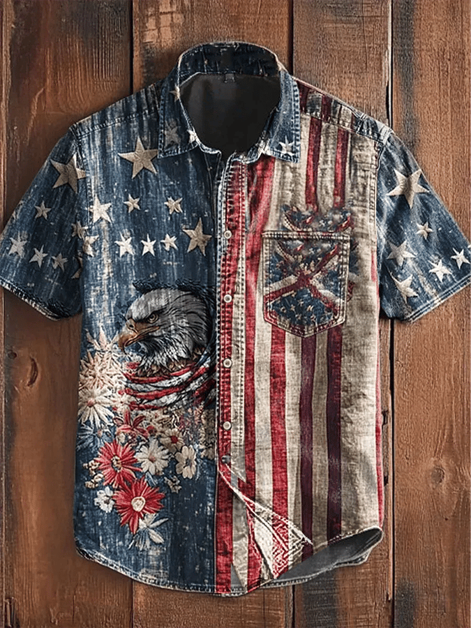 Men's American Flag Print Casual Pocket Shirt