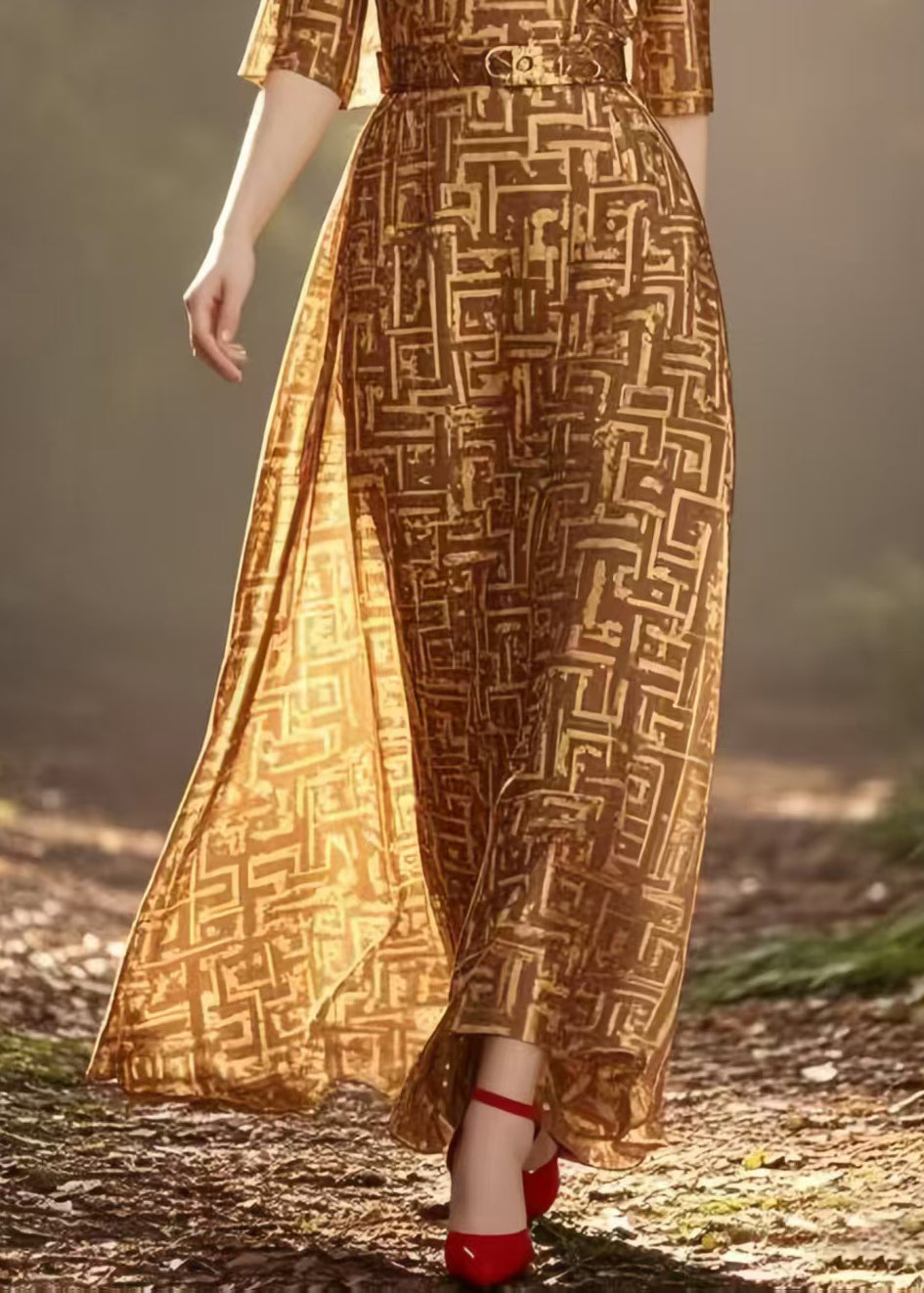 Plus Size Brown Cinched Print Chiffon Long Dress Half Sleeve