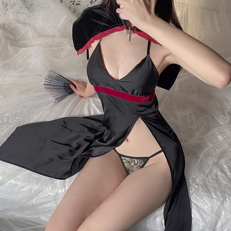 Deep V-neck Slit Lingerie Dress Set