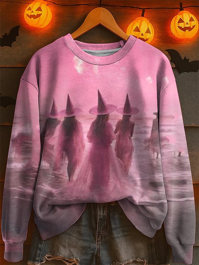 Women's Halloween Witch Print Crew Neck Sweatshirt