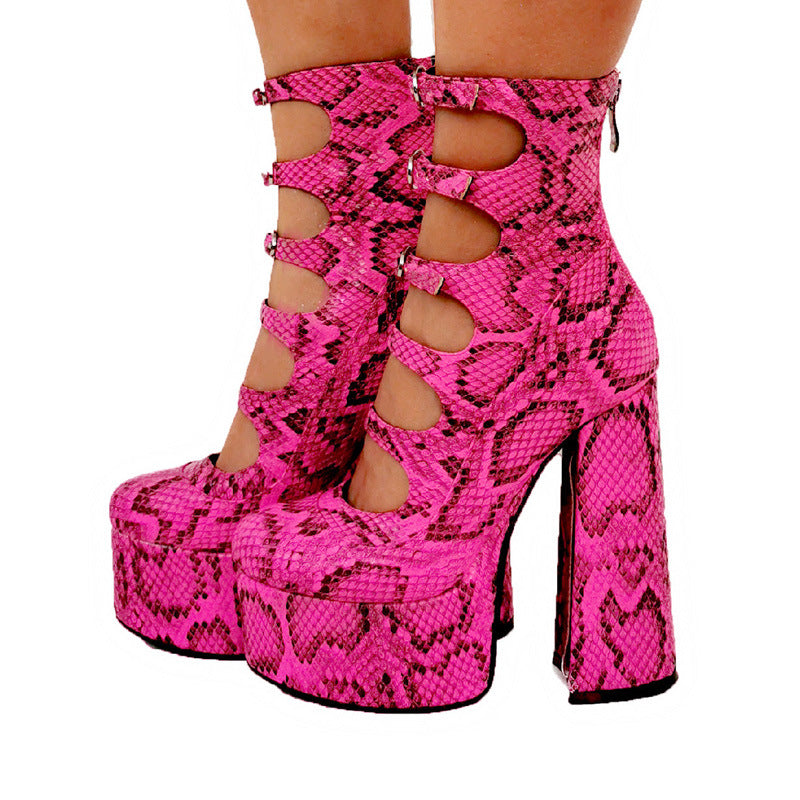 Waterproof Platform High Heels with Thick Serpentine Belt for Women