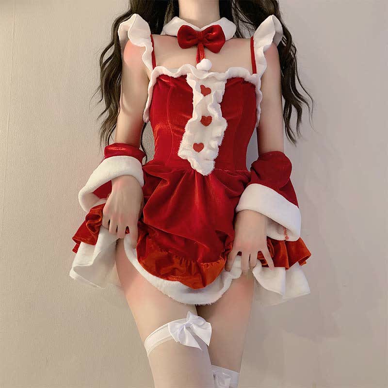 Love Heart Button Decor Ruffled Plush Slip Dress