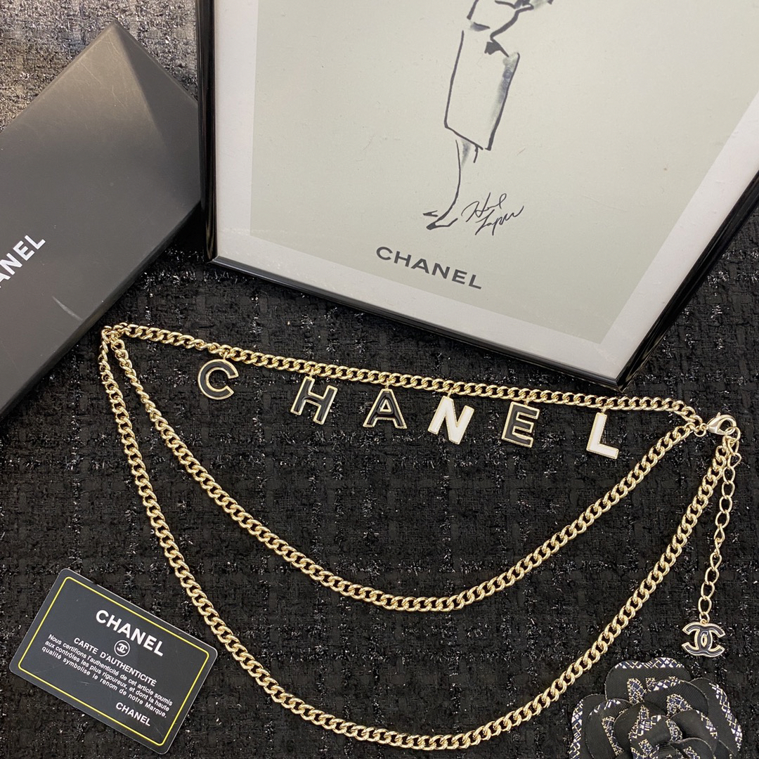 CHANEL black and white enamel letter metal waist chain