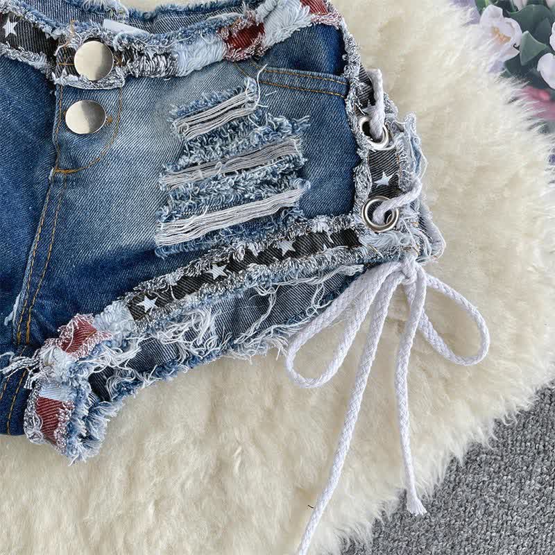 Sexy Low Waist Lace Up Ripped Denim Shorts Lingerie