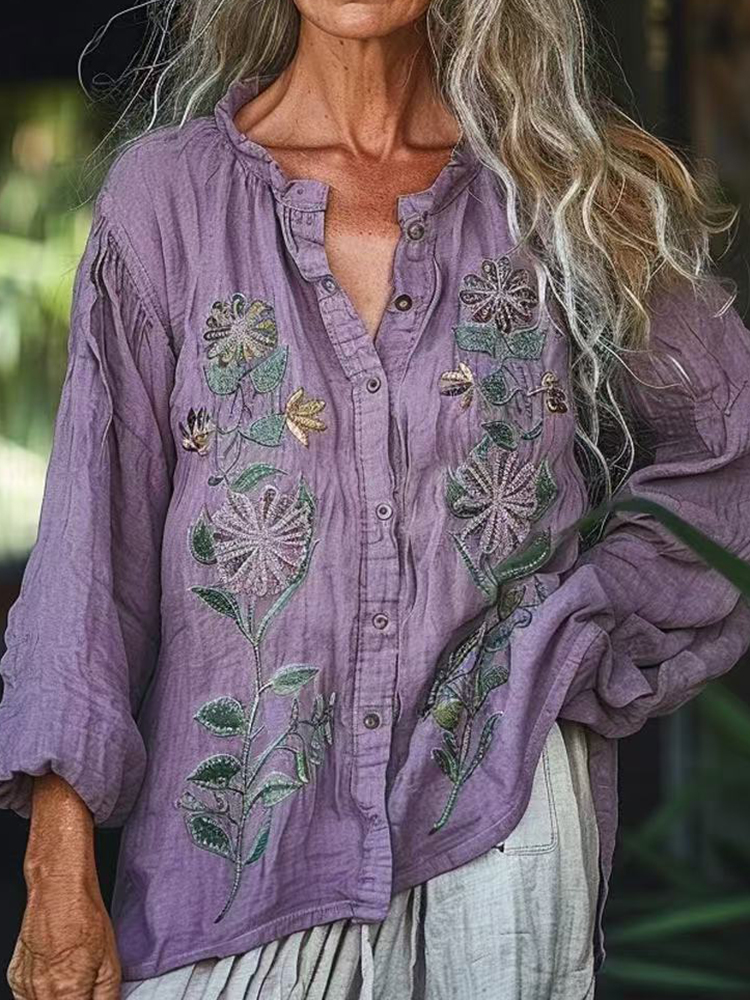 Vintage Bohemian Style Linen Floral Art Print  Long Sleeve Shirt