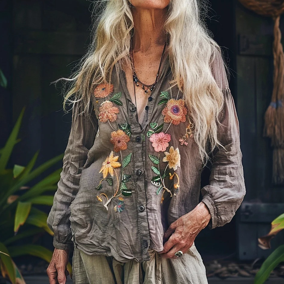 Bohemian Style Linen Floral Art Print Long Sleeve Loose  Shirt
