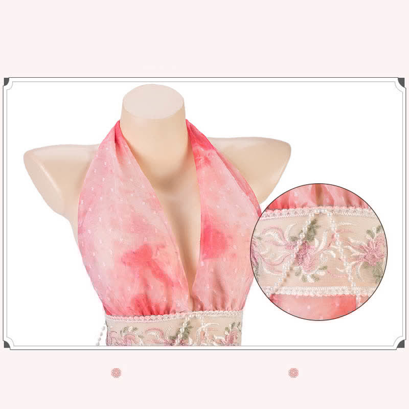 Tie-dye Deep V-neck Pearl Decor Vintage Lingerie Set