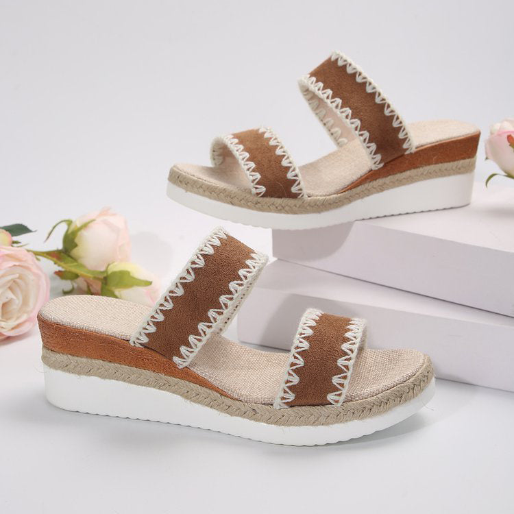 Ethnic Style Sandals: New Hemp Rope Woven Wedge Slippers with Double Wide Straps for Women