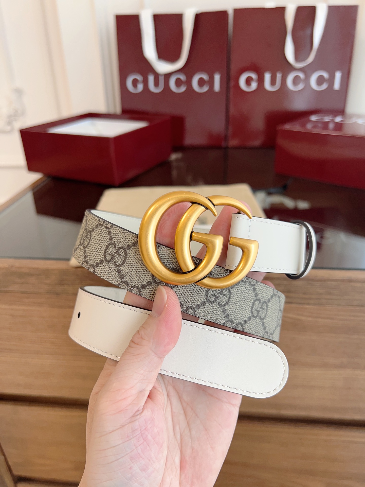 Gucci Double G steel buckle women's cowhide double-sided belt 3.0cm wide