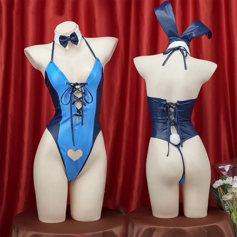 Cosplay Bunny Hollow Out Lace Up PU Jumpsuit Lingerie Set
