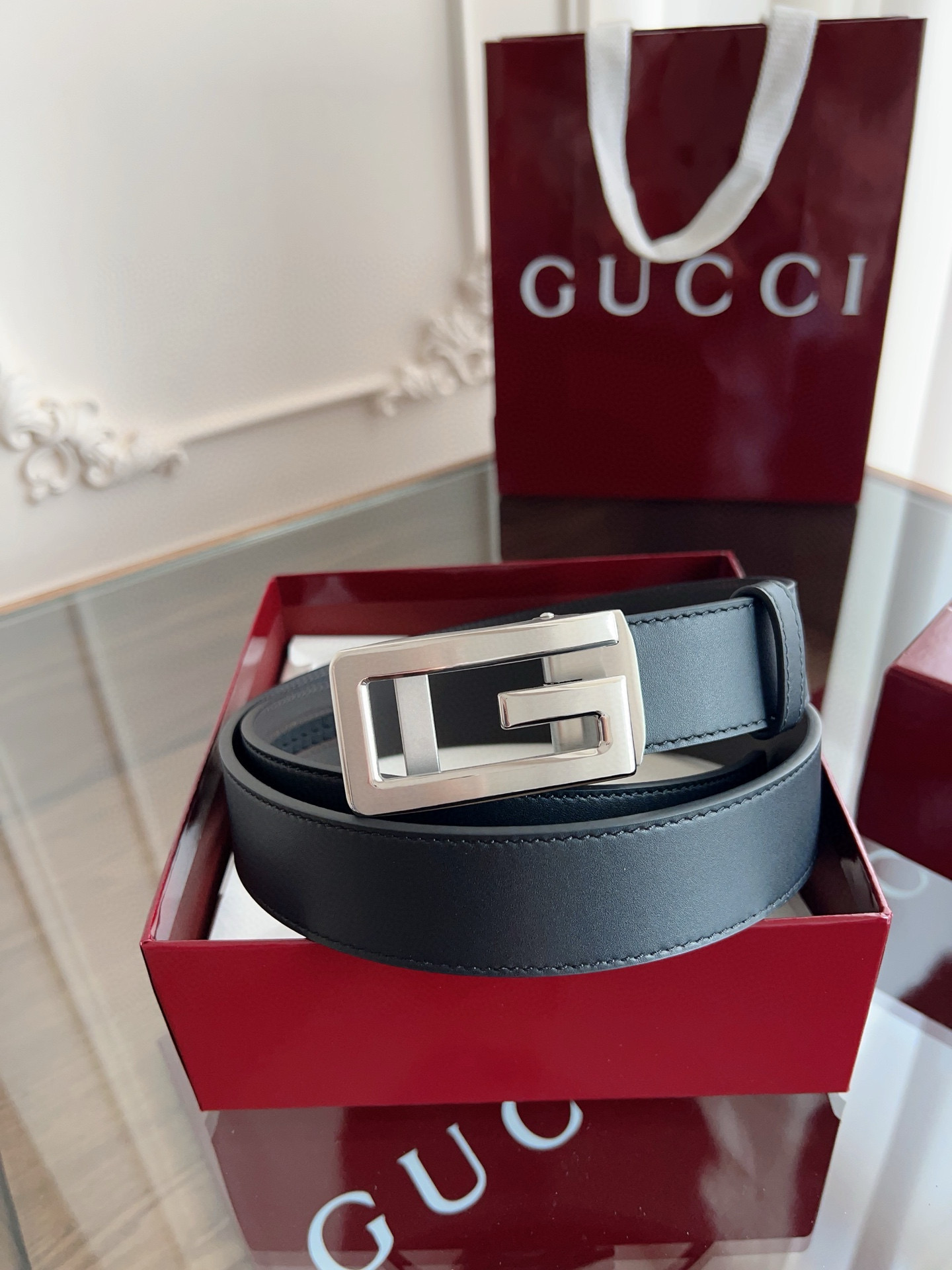 Gucci automatic smooth buckle double-sided cowhide belt width 3.5cm
