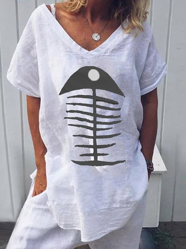 Fishbone Print Loose Cotton Linen T-Shirt Summer