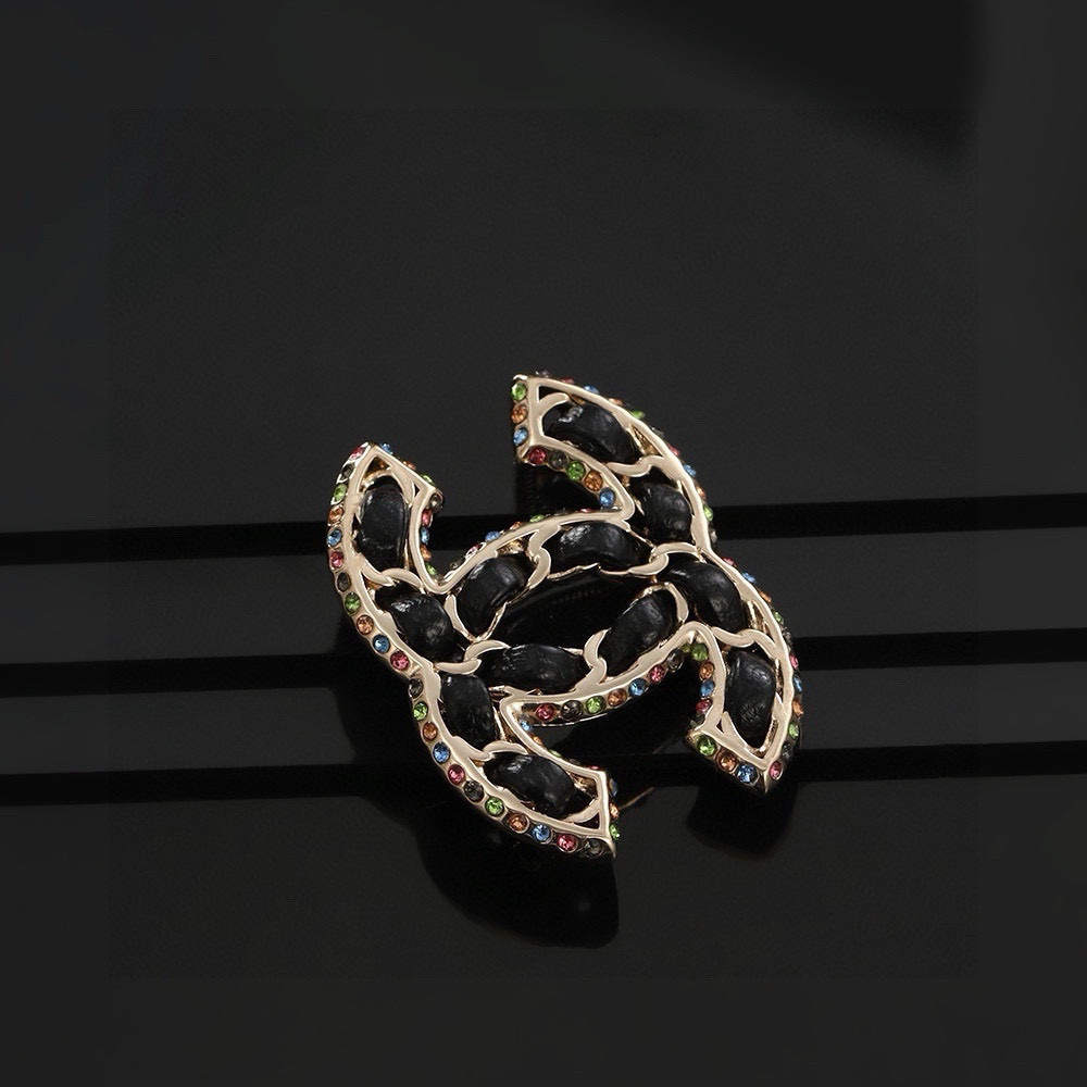 Chanel Black Leather Diamond Brooch