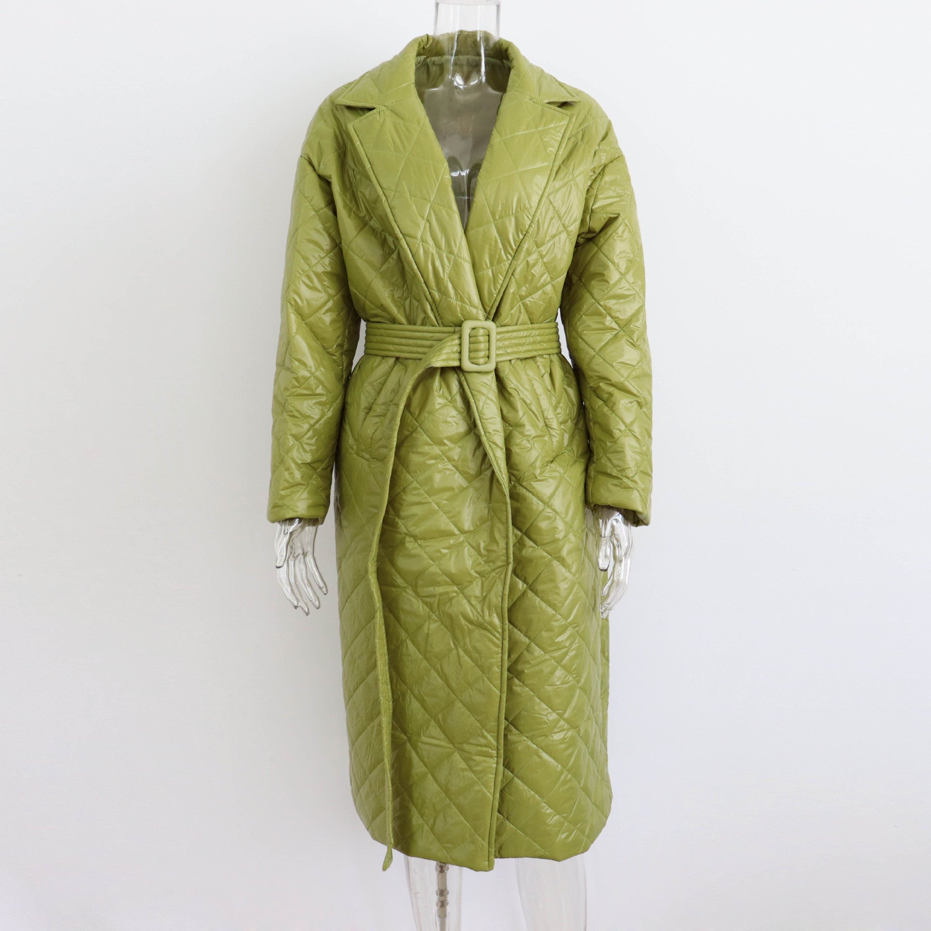 Warm Keeping Cotton Clothing Cotton Padded Coat for Winter Women Rhombus Cotton-Padded Jacket Waist Tight Long Cut Coat Plus Size Coat for Women