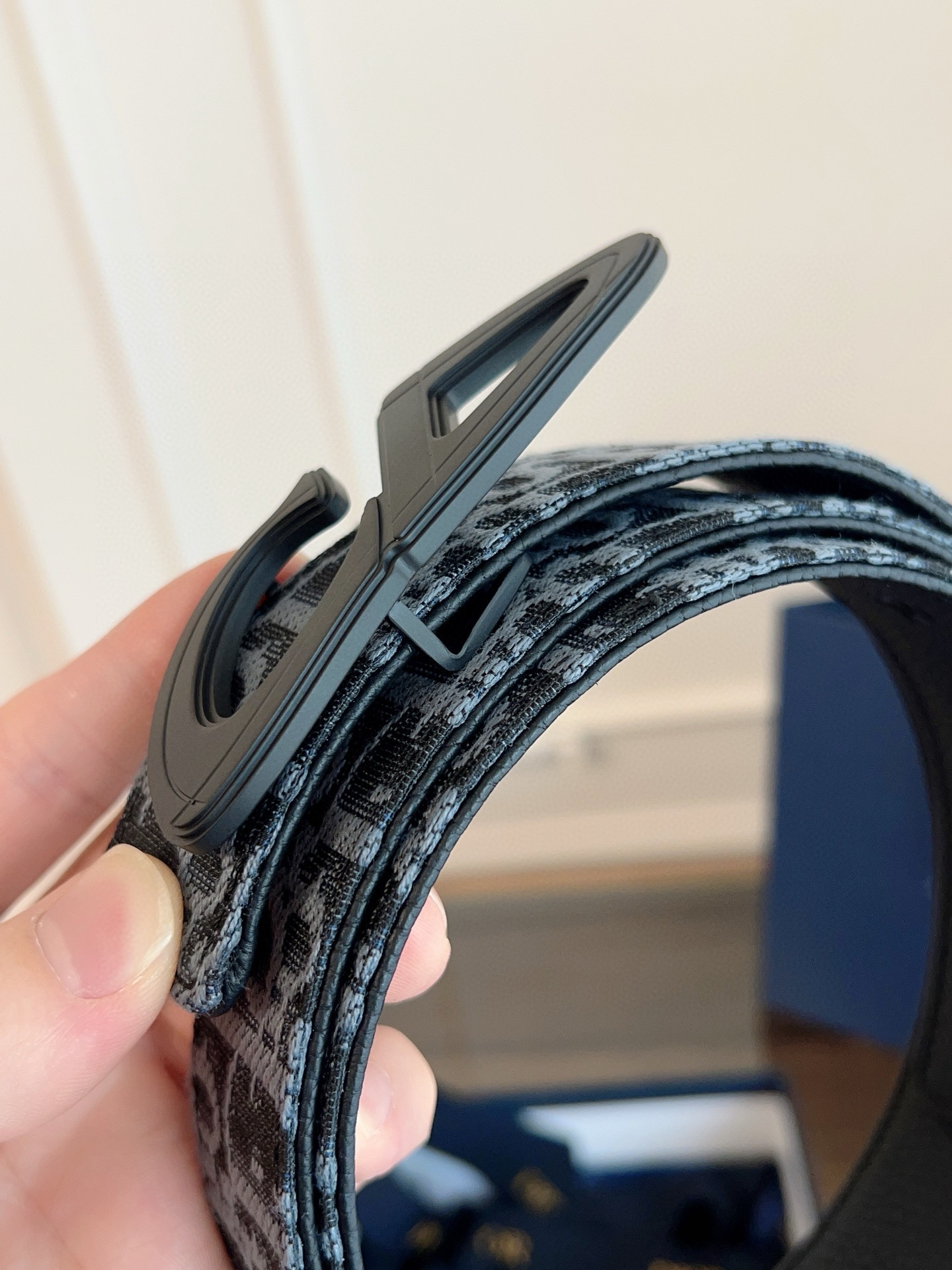 Dior Oblique light blue cloth and black cowhide leather belt width 3.5cm