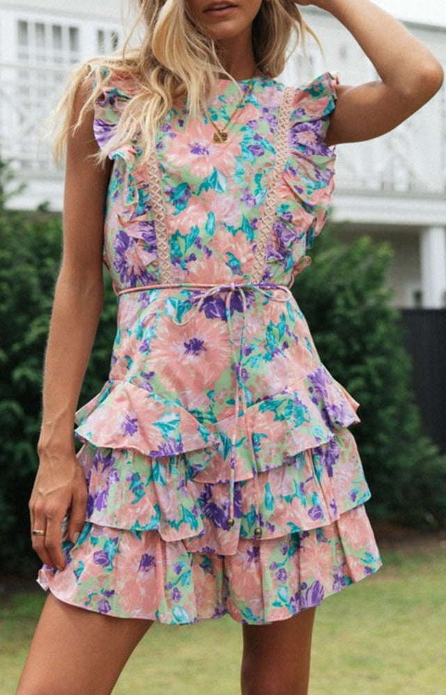 Women's Printed Round Neck Halter Cake Dress