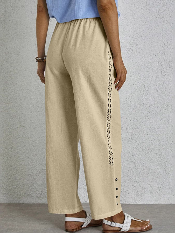 Casual Elegant Lace-Up With Pockets Buttons Lace Side Cotton Linen Trousers