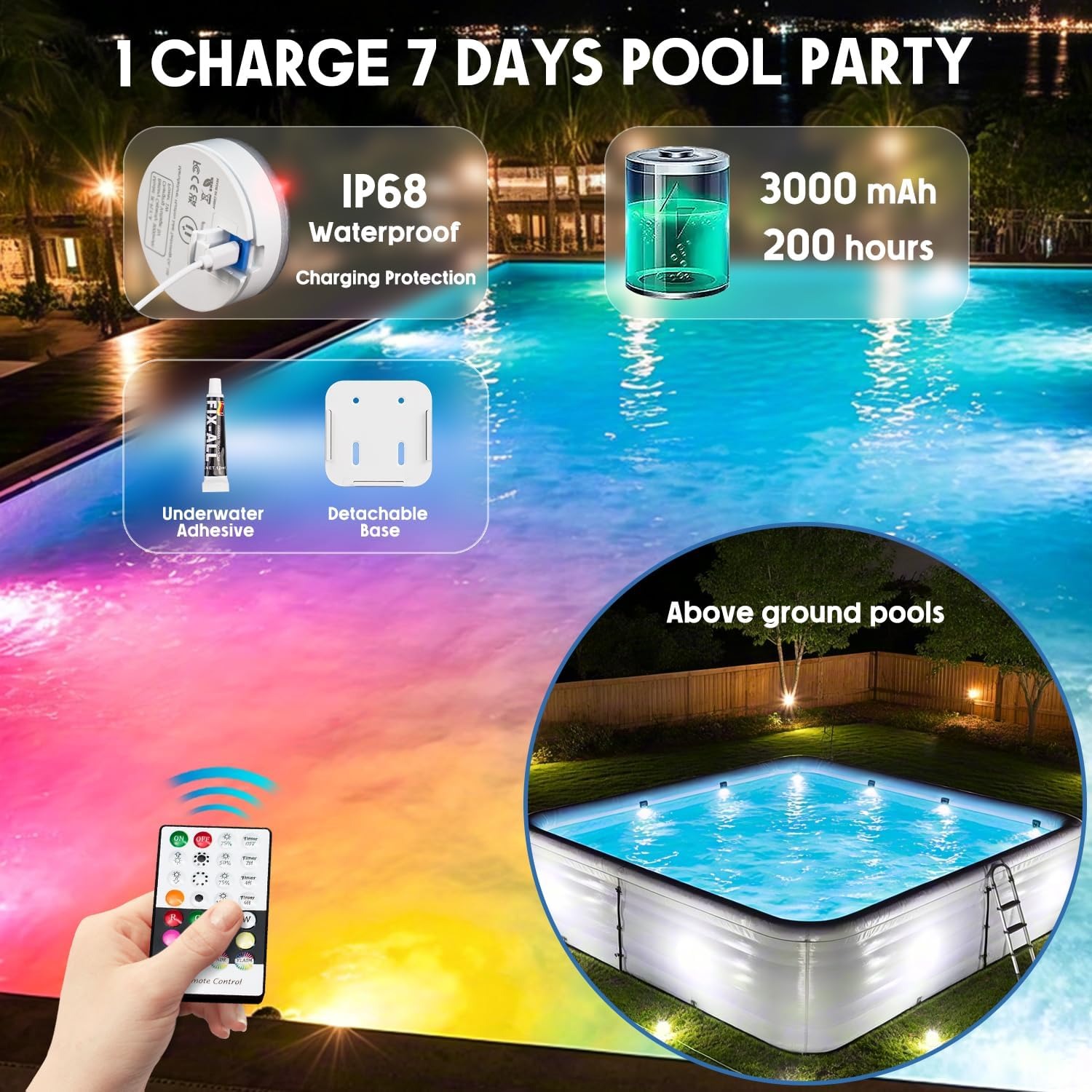 💥ON SALE💥RGB Underwater Pool Lights with RF Remote & Timer - 2 Pack