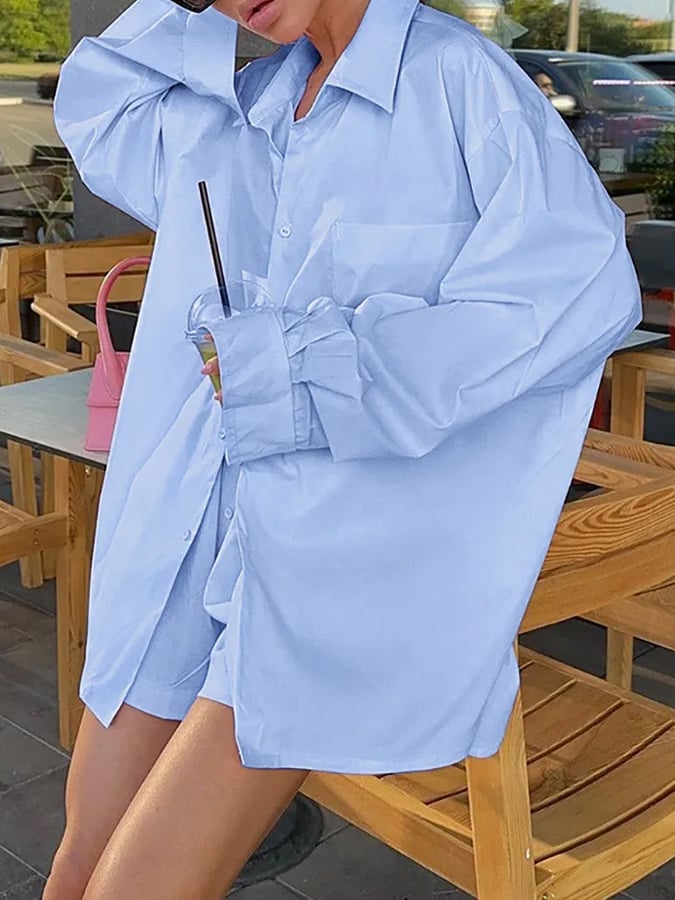 Fashion Versatile Casual Shirt Two -Piece Niche High Waist Simple Long -Sleeved Shorts Women's Clothing