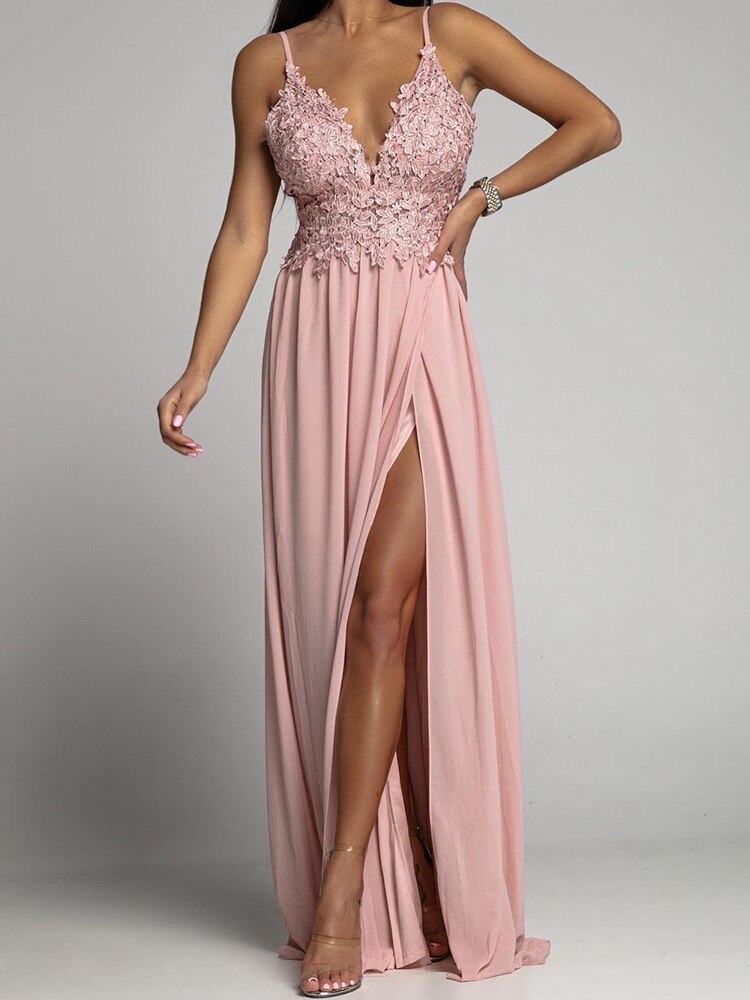 Women Loose Spaghetti Strap V Neck Casual Dress Solid Ruffles Long Dress Maxi Dresses