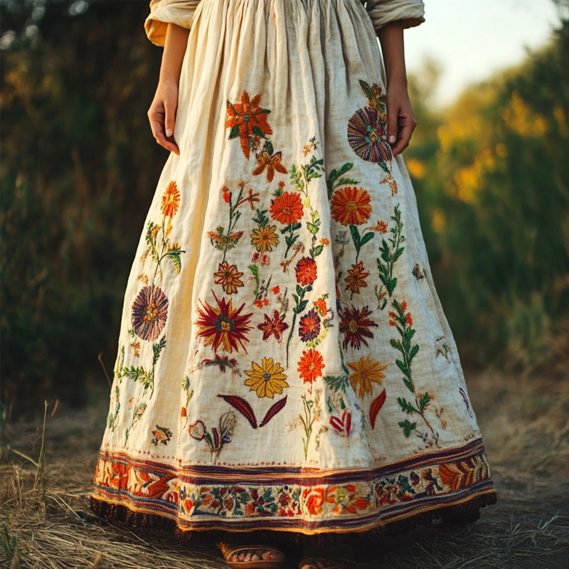 Vintage Floral Embroidered Linen Blend Skirt