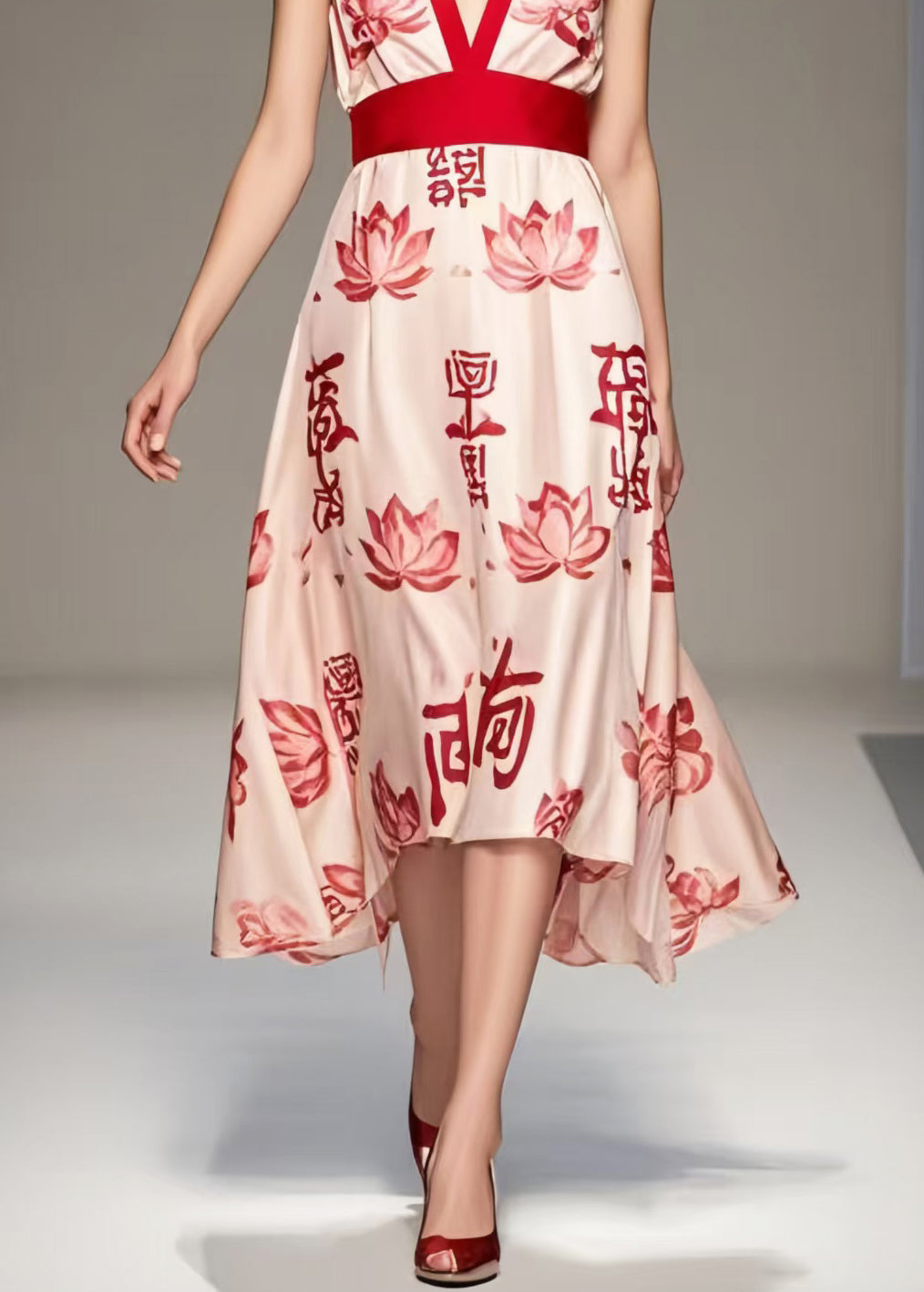 Fashion Apricot V Neck Print Chiffon Long Dress Sleeveless