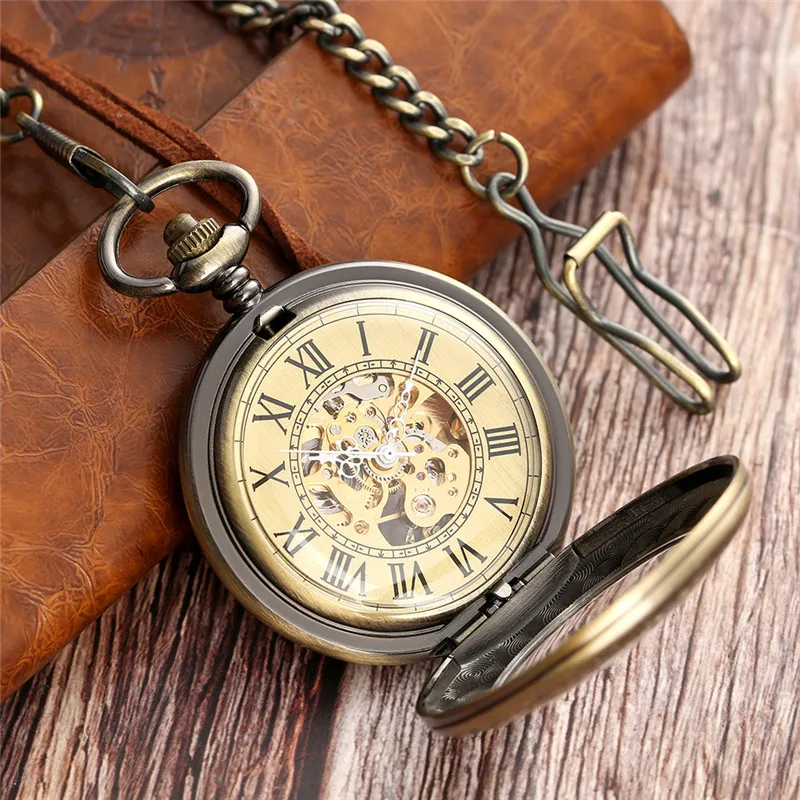 Antique Pocket Watch Men's Automatic Mechanical Watches Half Hunter Case Roman Number Display Clock with Pendant Chain Reloj