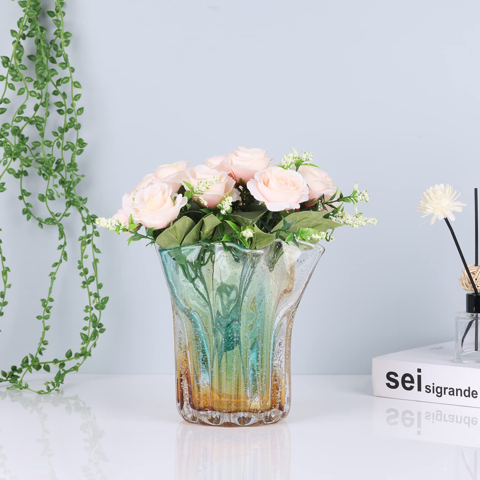 Hand Blown Glass vase, Wide Mouth Petal vase, Colorful Modern Glass Art Home Decor vase for Family Living Room