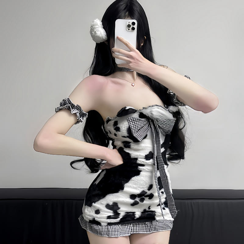 Plaid Bow Knot Cow Maid Lingerie Dress