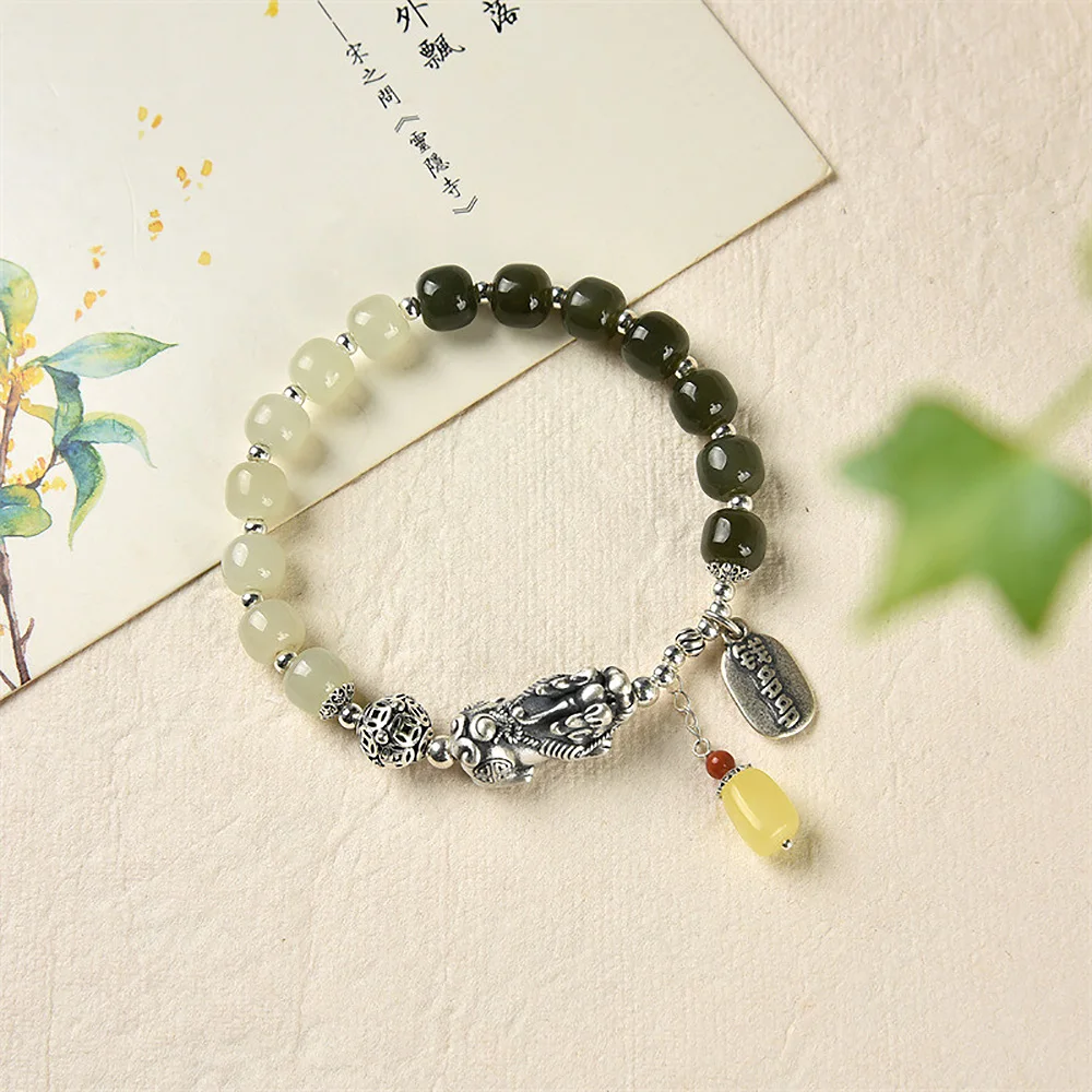 Natural Hotan Jade Beads Men's Bracelet 925 Silver Natural Honey Wax Pendant Bangles Fine Jewelry Gift For Boyfriend Wholesale